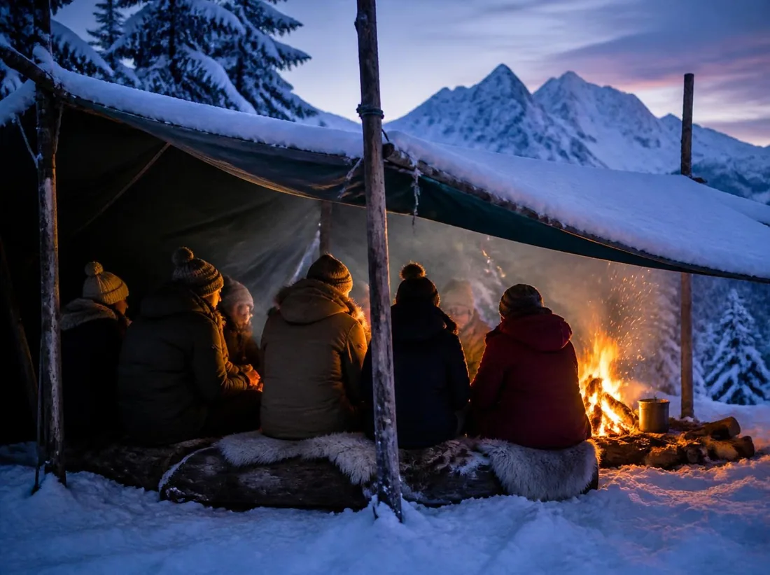 Jugendliche am Lagerfeuer in den Bergen